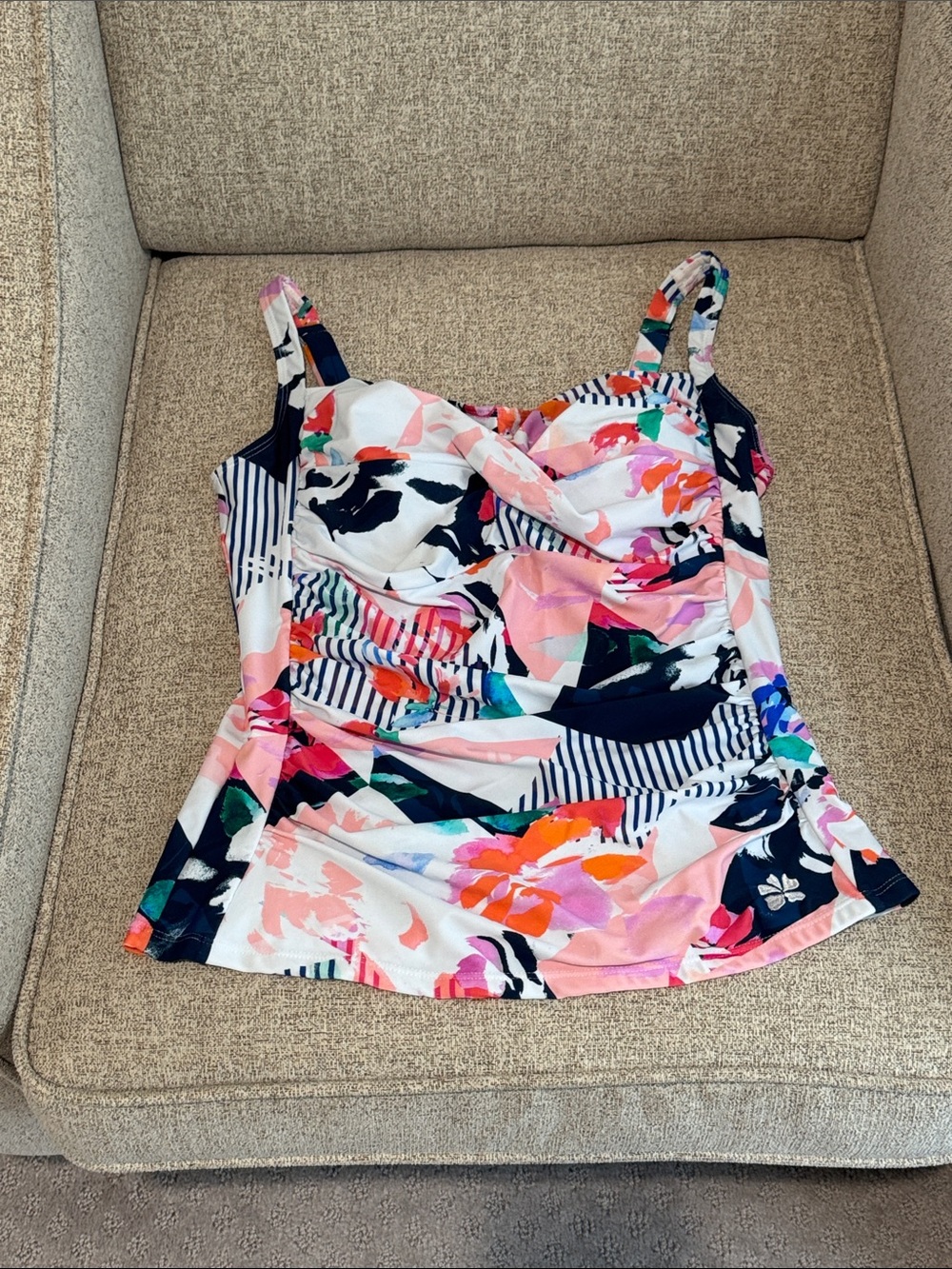 Hapari Multicolor Floral & Stripe Ruched Camisole Swim Top